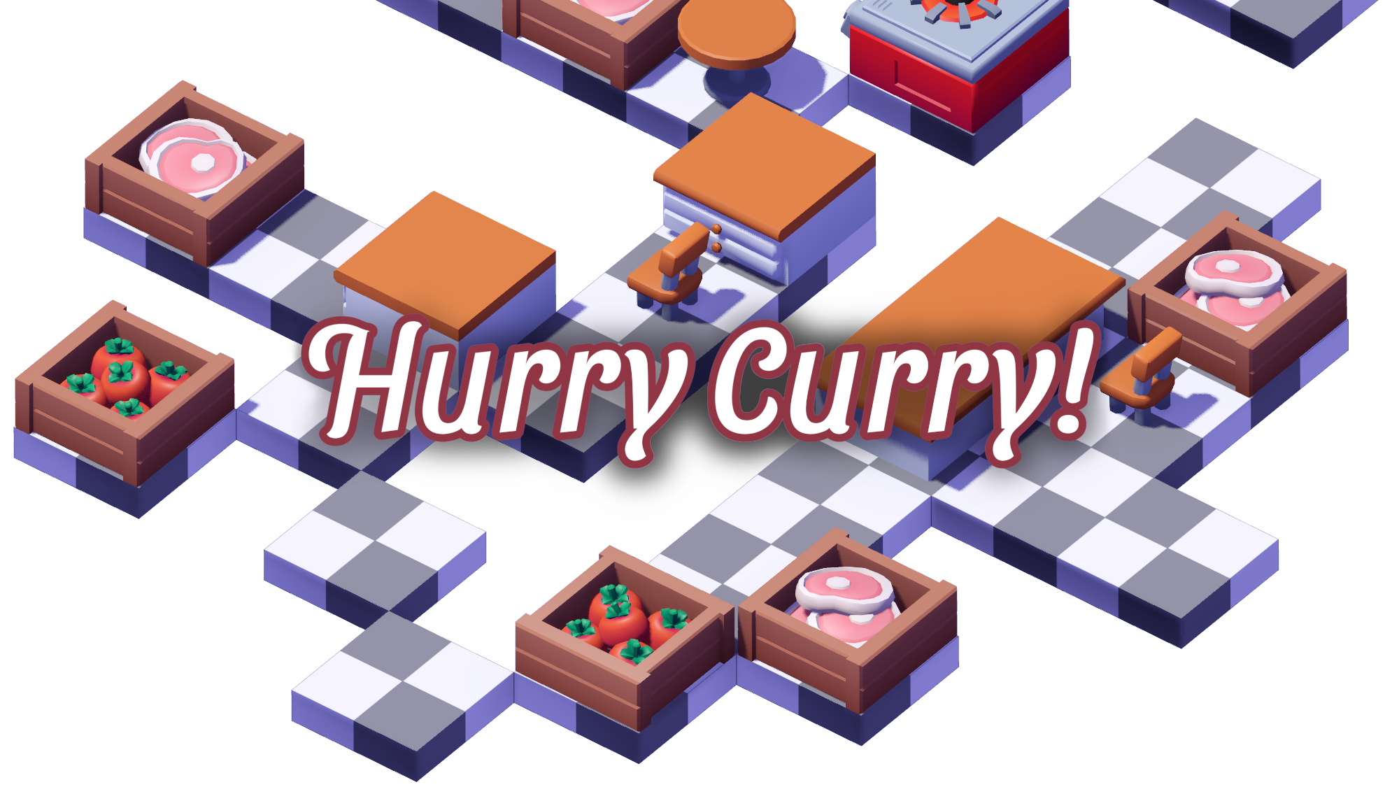 Hurry Curry! logoaren testua jokoko irudiekin, hala nola, barra, aulkiak eta flotatzen dute kutxak.
